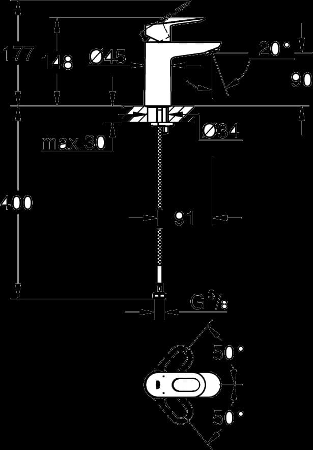 GROHE BauLoop Baterie lavoar monocomandă 1/2" - desen tehnic cu cote
