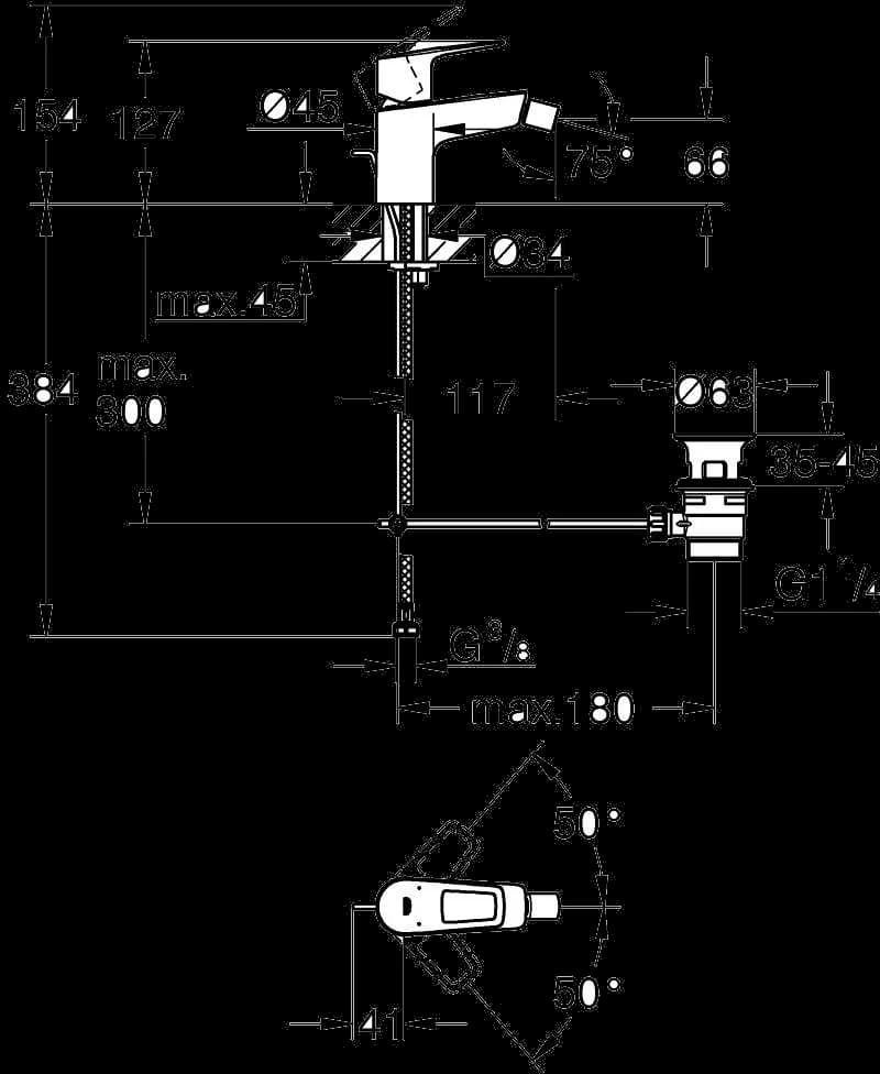 GROHE Start Loop Baterie bideu monocomandă 1/2" - desen tehnic cu cote