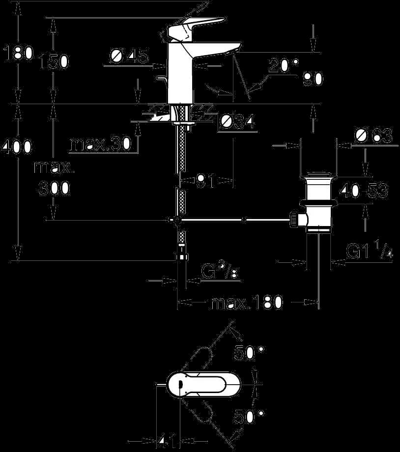 GROHE BauEdge Baterie lavoar monocomandă 1/2" - desen tehnic cu cote