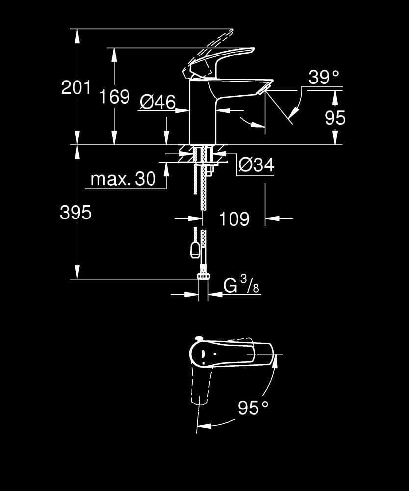 GROHE Eurosmart Baterie lavoar monocomandă 1/2" - desen tehnic cu cote