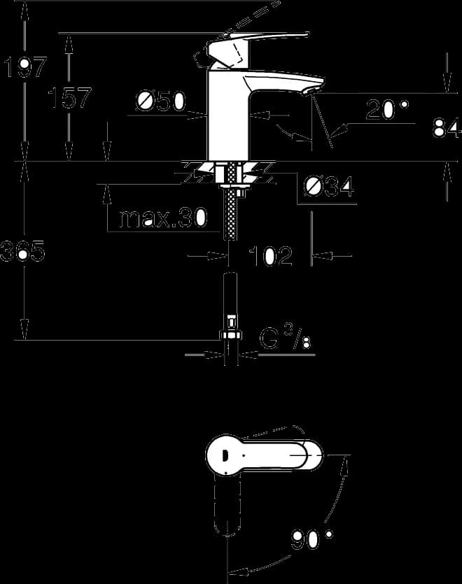 GROHE Eurostyle Cosmopolitan Baterie lavoar monocomandă 1/2" - desen tehnic cu cote