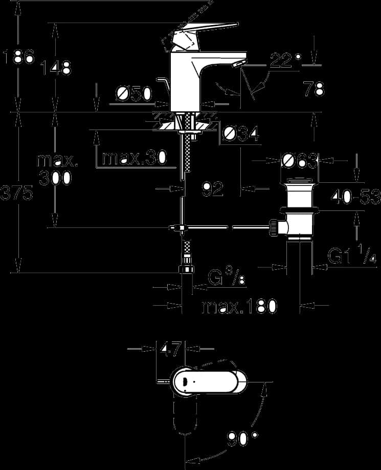 GROHE Eurosmart Cosmopolitan Baterie lavoar monocomandă 1/2" - desen tehnic cu cote