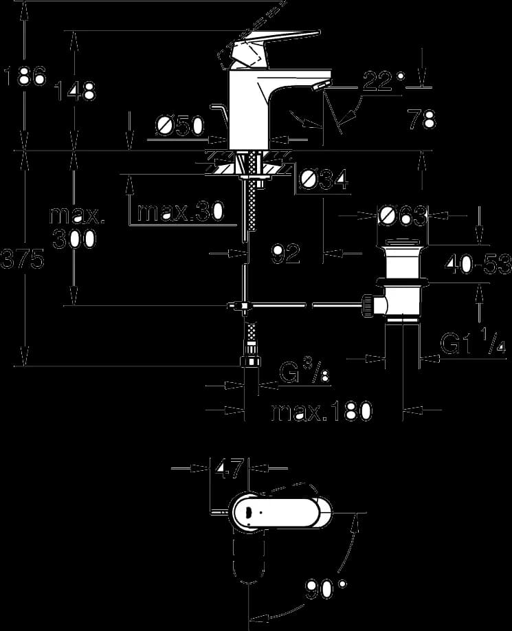 GROHE Eurosmart Cosmopolitan Baterie lavoar monocomandă 1/2" - desen tehnic cu cote