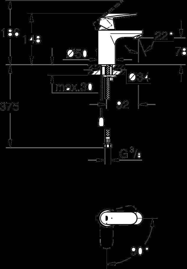 GROHE Eurosmart Cosmopolitan Baterie lavoar monocomandă 1/2" - desen tehnic cu cote