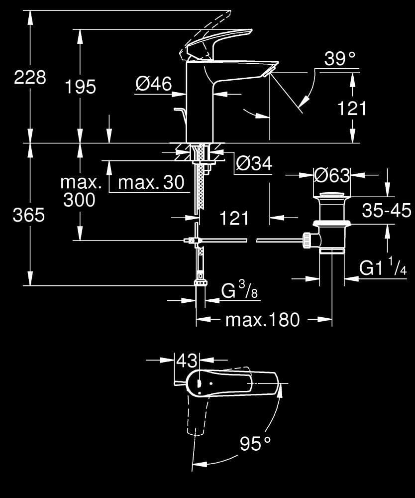 GROHE Eurosmart Baterie lavoar monocomandă 1/2" Mărimea M - desen tehnic cu cote