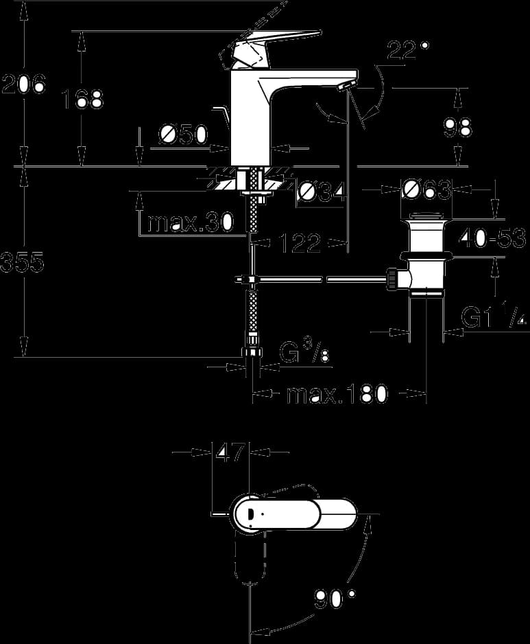 GROHE Eurosmart Cosmopolitan Baterie lavoar monocomandă 1/2" Mărimea M - desen tehnic cu cote