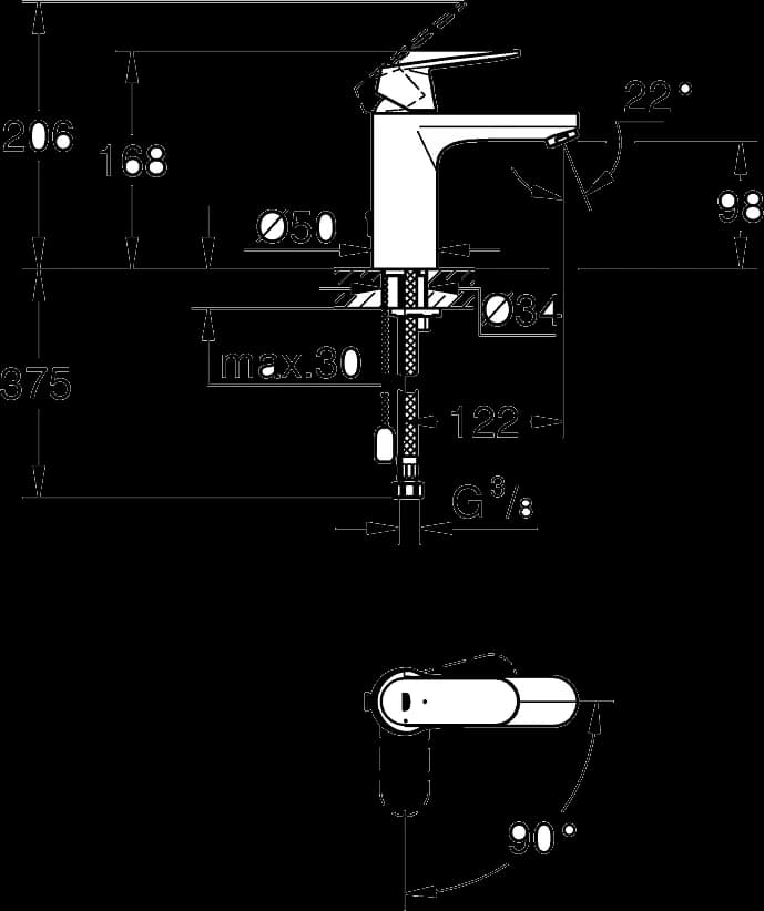 GROHE Eurosmart Cosmopolitan Baterie lavoar monocomandă 1/2" Mărimea M - desen tehnic cu cote