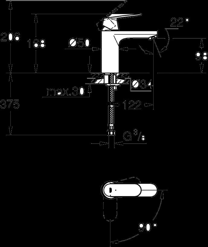 GROHE Eurosmart Cosmopolitan Baterie lavoar monocomandă 1/2" Mărimea M - desen tehnic cu cote
