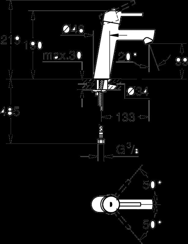 GROHE Concetto Baterie lavoar monocomandă 1/2" Mărimea M - desen tehnic cu cote