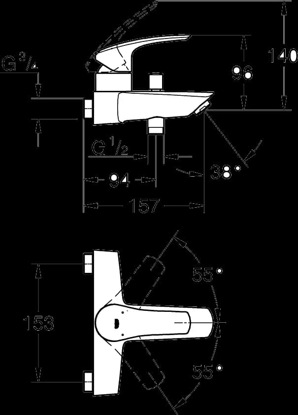 GROHE Eurosmart Baterie cadă monocomandă ¾" - desen tehnic cu cote