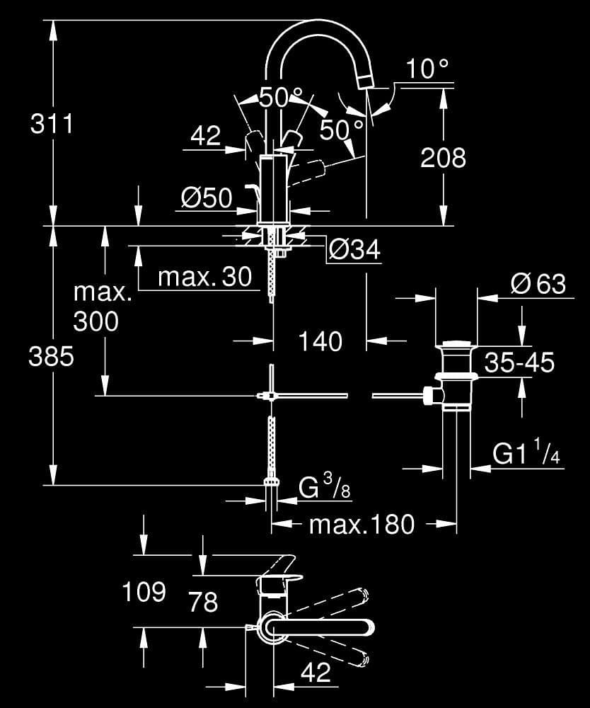 GROHE Eurosmart Baterie lavoar monocomandă 1/2" Mărimea L - desen tehnic cu cote