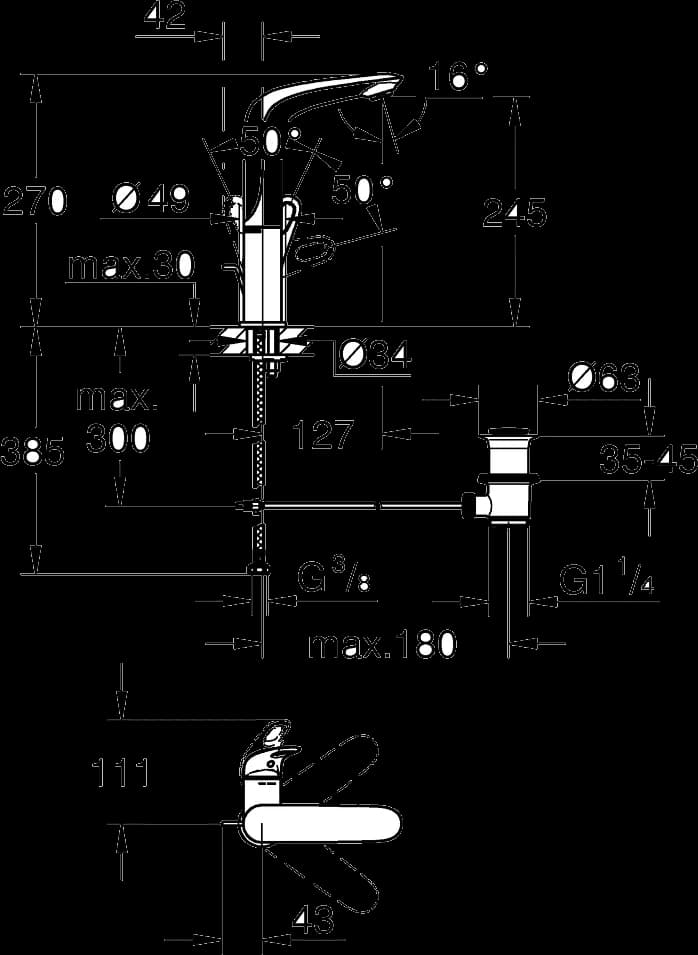 GROHE Eurostyle Baterie lavoar monocomandă 1/2" Mărimea L - desen tehnic cu cote