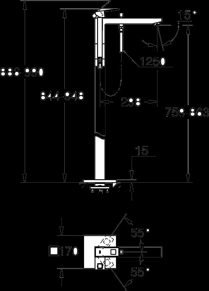 GROHE Eurocube Baterie cadă monocomandă 1/2", montare pe podea - desen tehnic cu cote