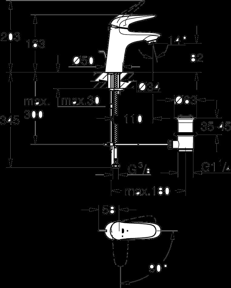 GROHE Eurostyle Baterie lavoar monocomandă 1/2" - desen tehnic cu cote
