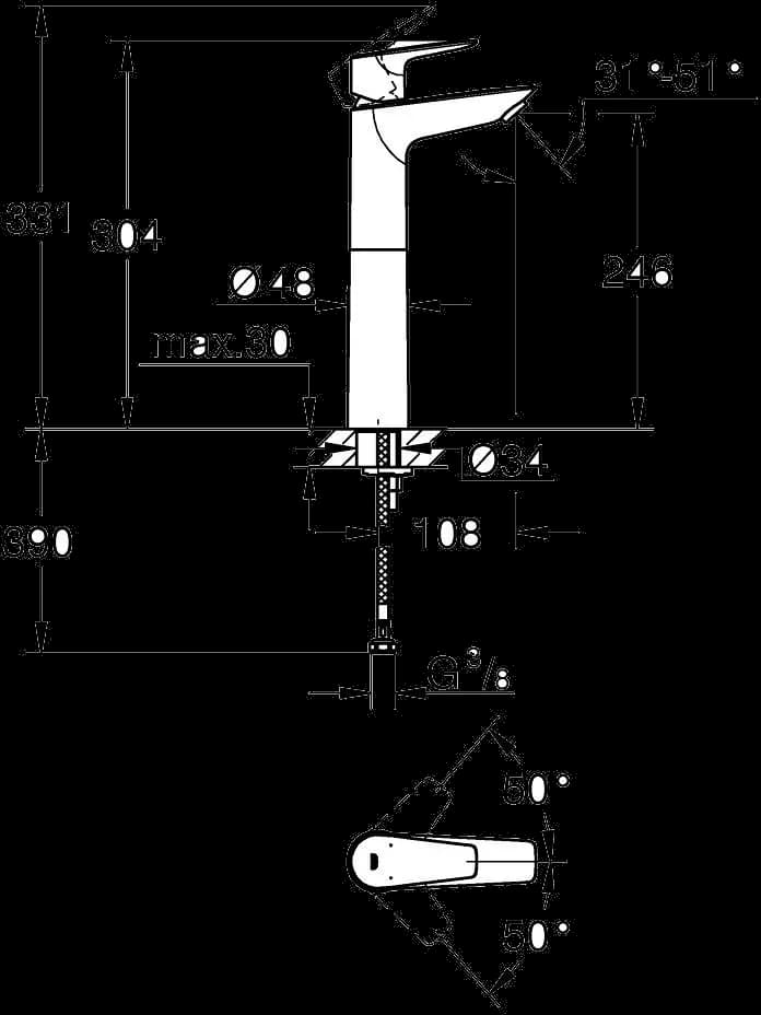GROHE BauEdge Baterie lavoar monocomandă 1/2" Mărimea XL - desen tehnic cu cote