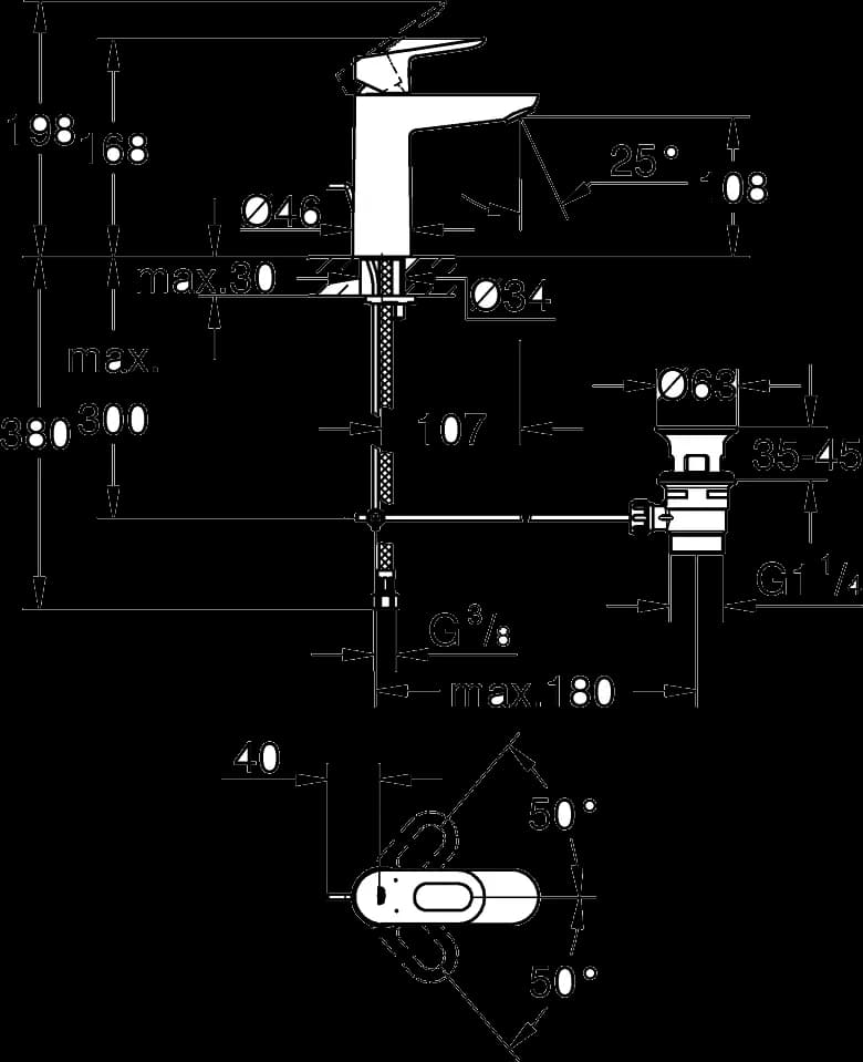 GROHE BauLoop Baterie lavoar monocomandă 1/2" Mărimea M - desen tehnic cu cote