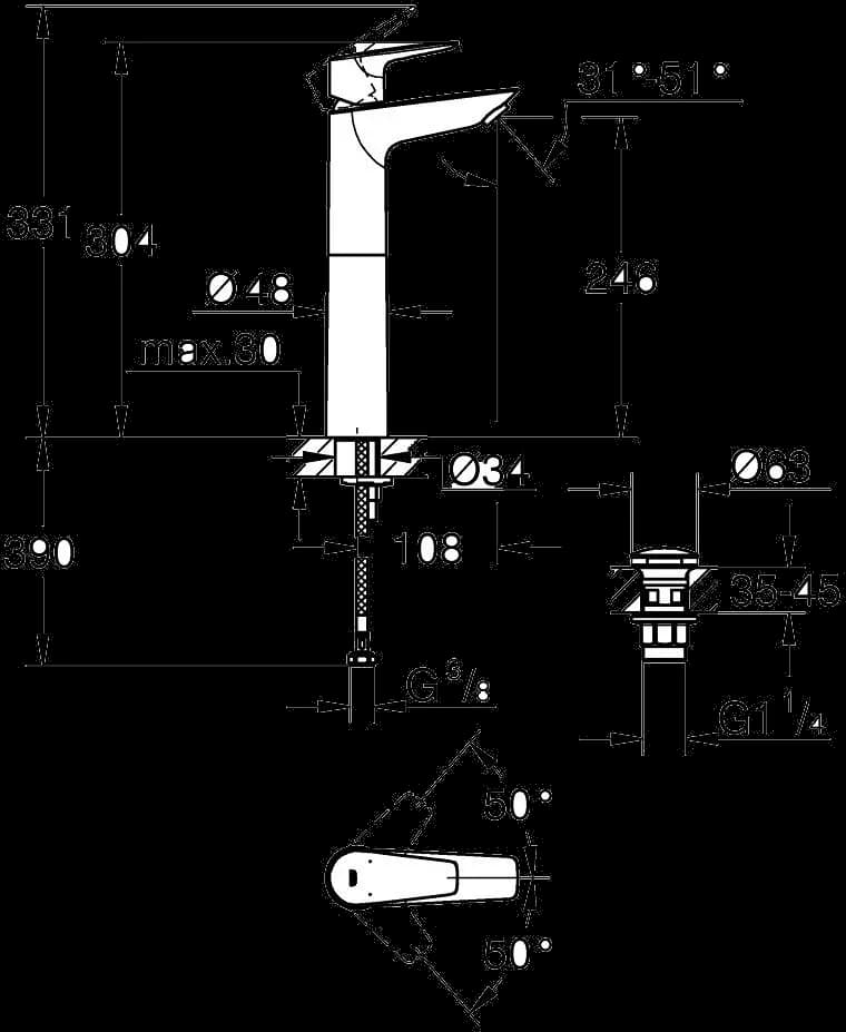 GROHE Start Edge Baterie lavoar monocomandă 1/2" Mărimea XL - desen tehnic cu cote