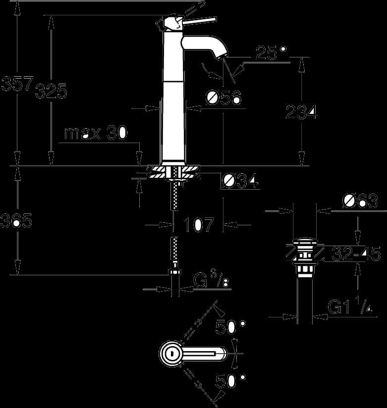 GROHE Start Classic Baterie lavoar monocomandă 1/2" Mărimea XL - desen tehnic cu cote