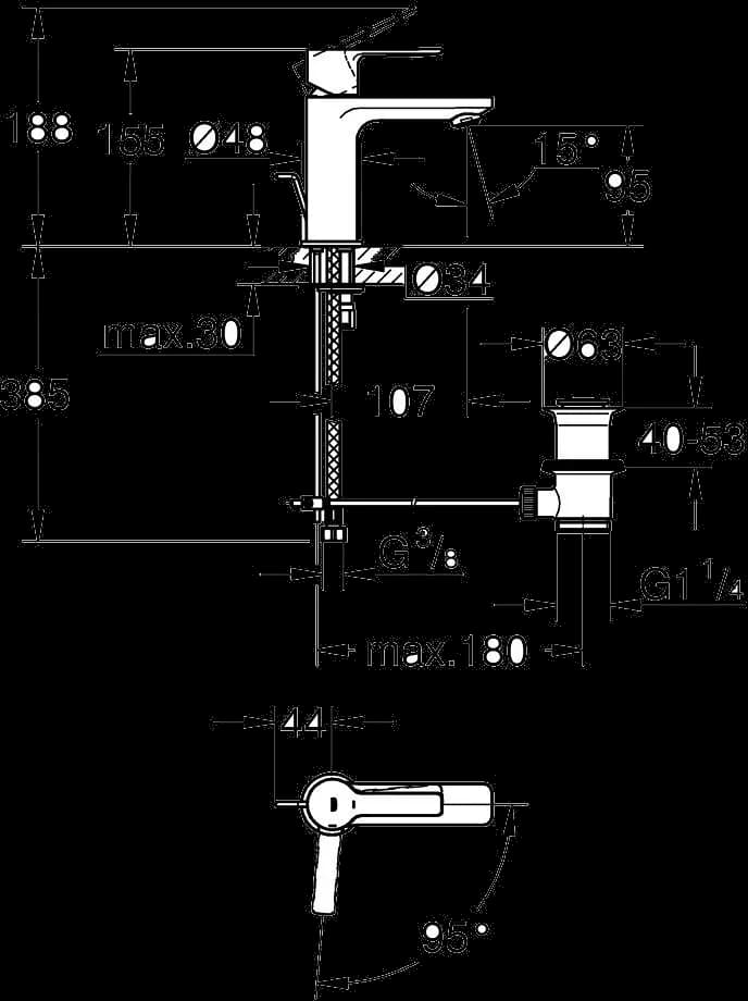 GROHE Lineare Baterie lavoar monocomandă 1/2" Mărimea XS - desen tehnic cu cote