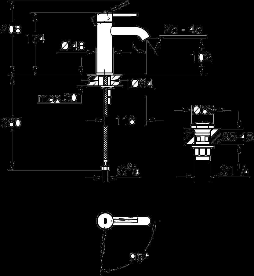 GROHE Essence Baterie lavoar monocomandă 1/2" - desen tehnic cu cote