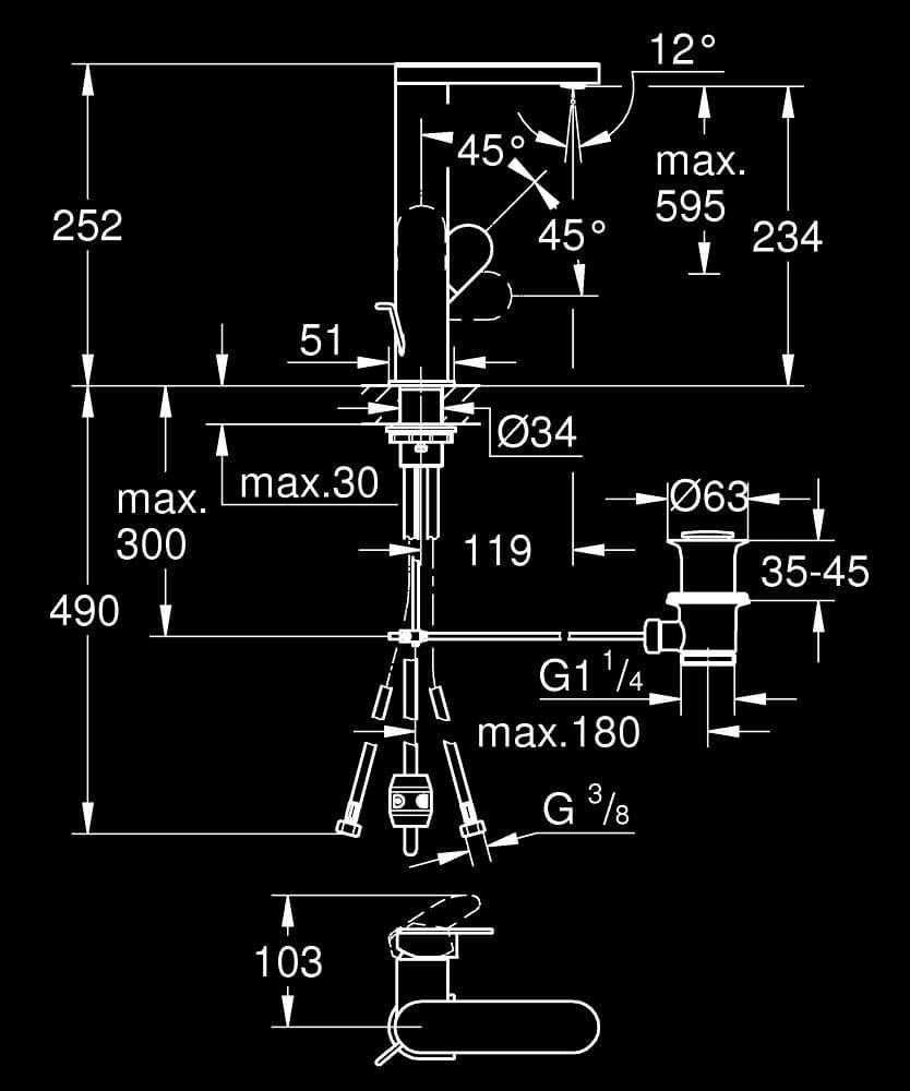 GROHE Plus Baterie lavoar monocomandă 1/2" Mărimea L - desen tehnic cu cote