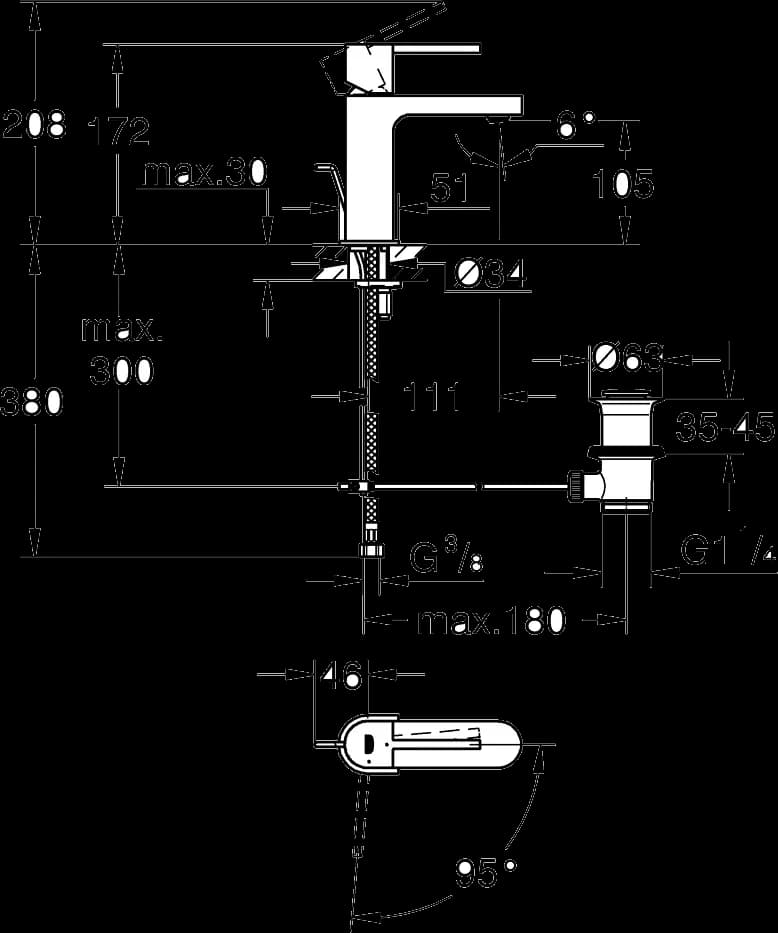 GROHE Plus Baterie lavoar monocomandă 1/2" - desen tehnic cu cote