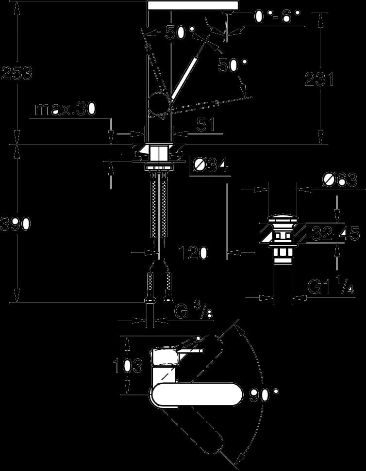 GROHE Plus Baterie lavoar monocomandă 1/2" Mărimea L - desen tehnic cu cote