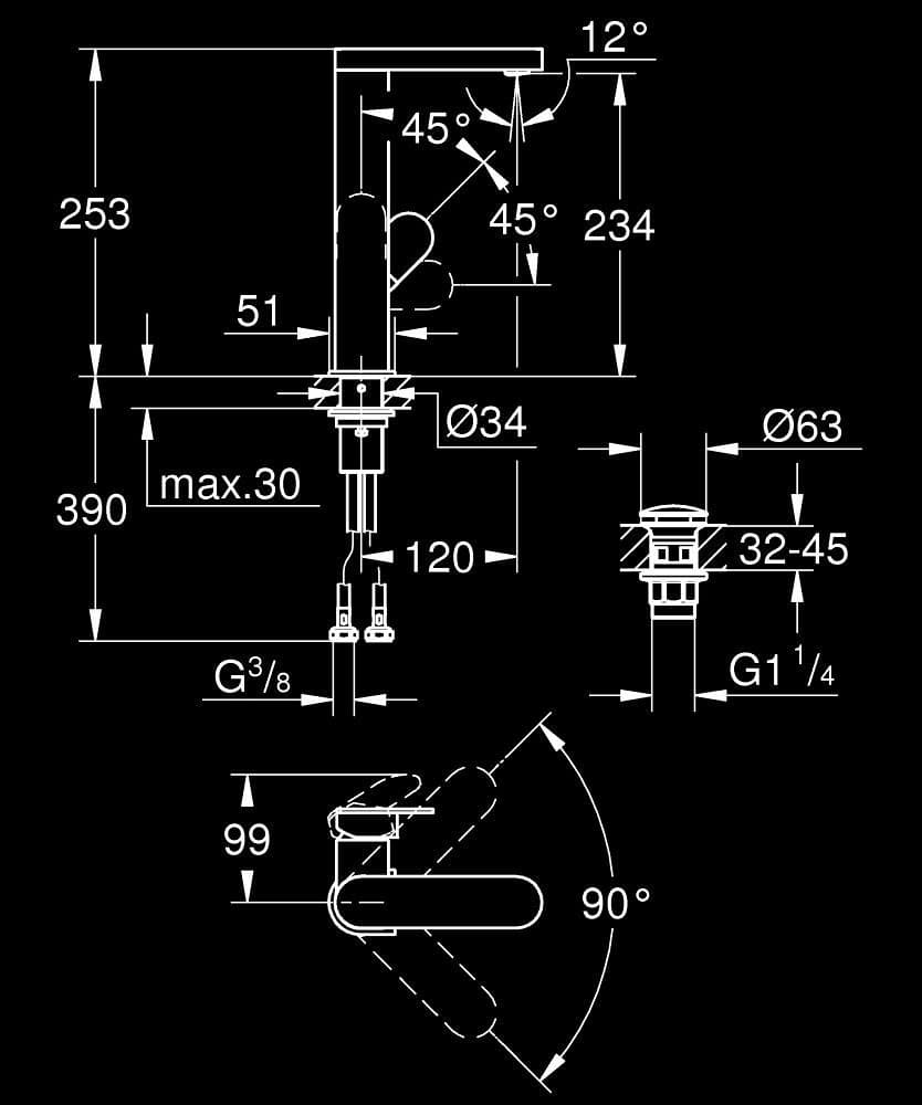 GROHE Plus Baterie lavoar monocomandă 1/2" Mărimea L - desen tehnic cu cote