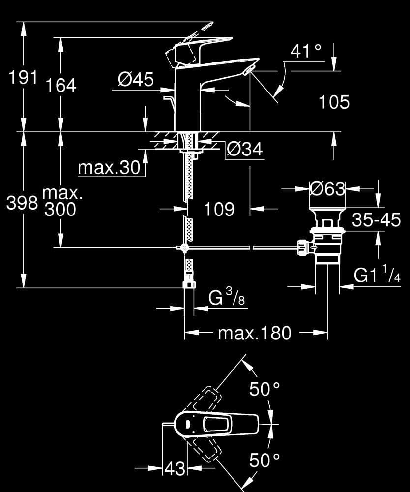 GROHE BauLoop Baterie lavoar monocomandă 1/2" Mărimea M - desen tehnic cu cote
