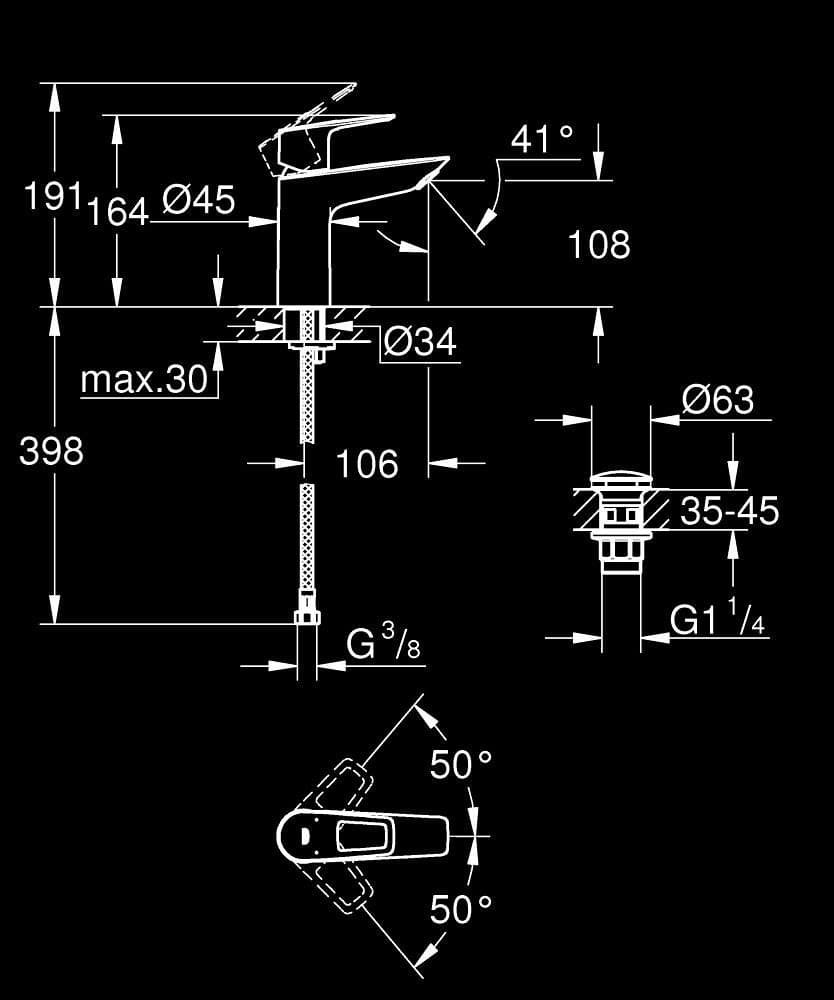 GROHE BauLoop Baterie lavoar monocomandă 1/2" Mărimea M - desen tehnic cu cote