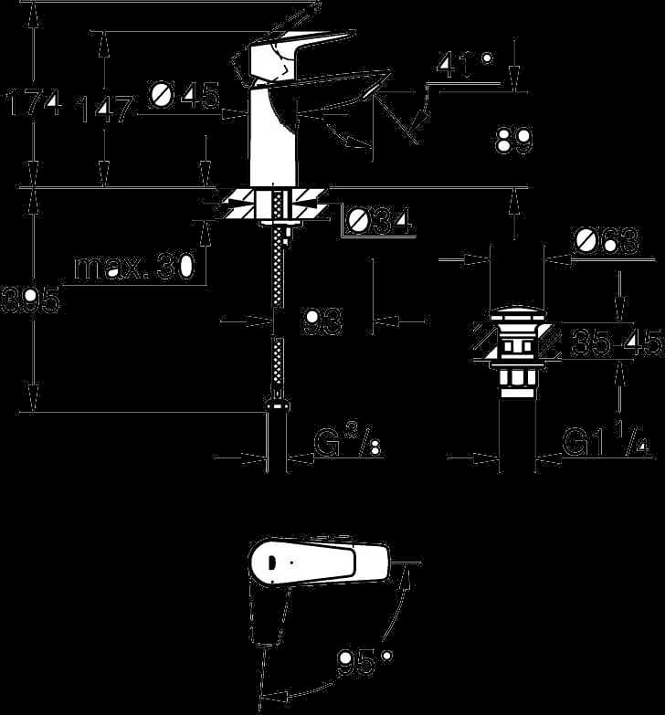 GROHE BauEdge Baterie lavoar monocomandă 1/2" - desen tehnic cu cote
