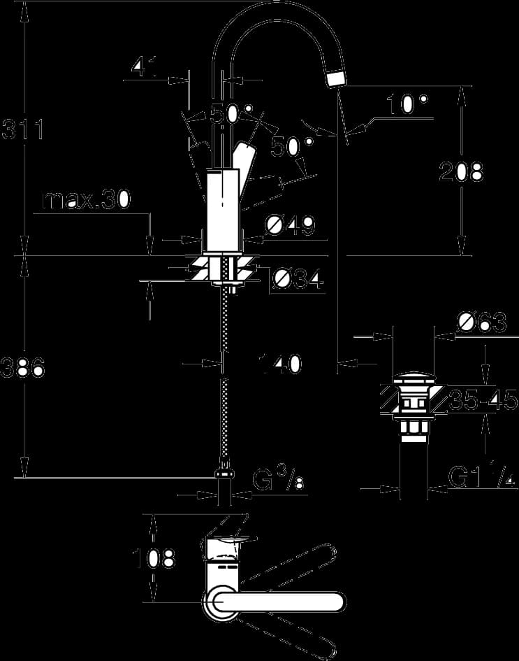 GROHE BauEdge Baterie lavoar monocomandă 1/2" Mărimea L - desen tehnic cu cote