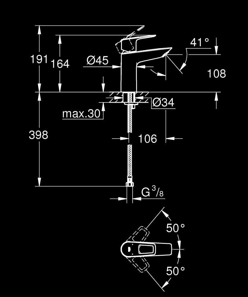 GROHE BauLoop Baterie lavoar monocomandă 1/2" Mărimea M - desen tehnic cu cote