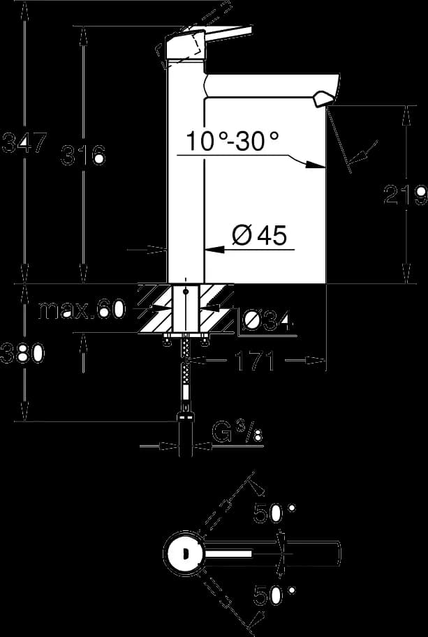 GROHE Concetto Baterie lavoar monocomandă 1/2" Mărimea XL - desen tehnic cu cote
