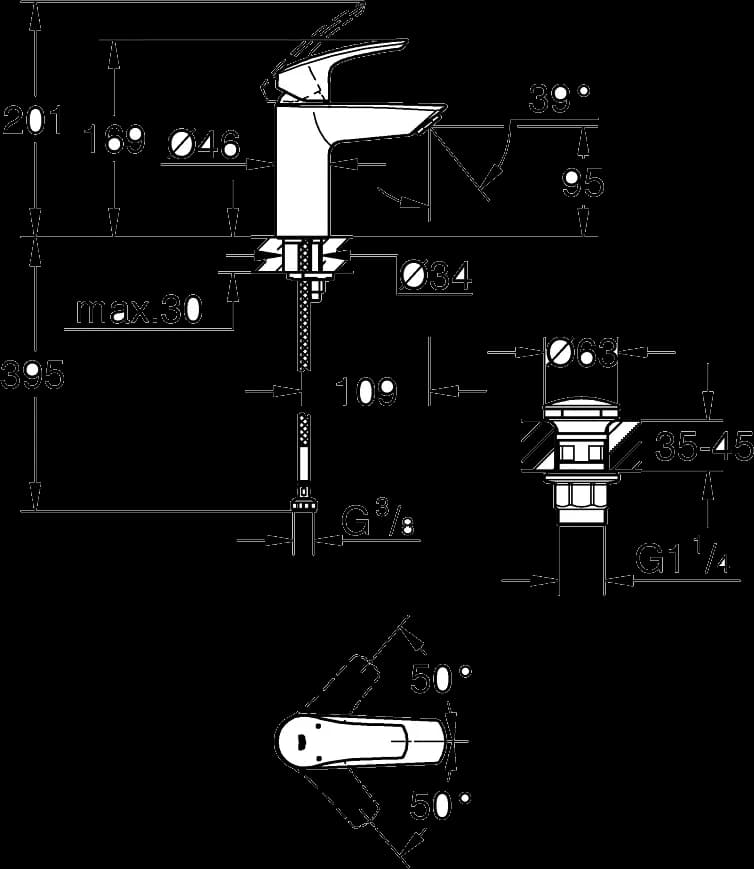 GROHE Eurosmart Baterie lavoar monocomandă 1/2" - desen tehnic cu cote