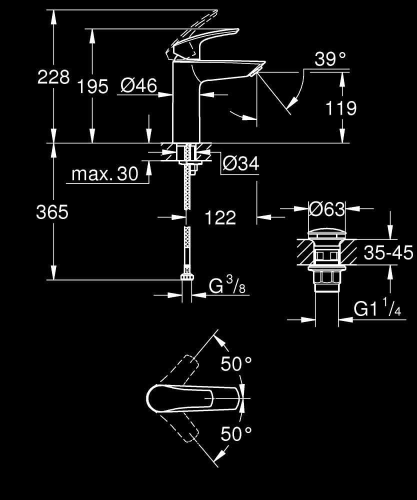 GROHE Eurosmart Baterie lavoar monocomandă 1/2" Mărimea M - desen tehnic cu cote