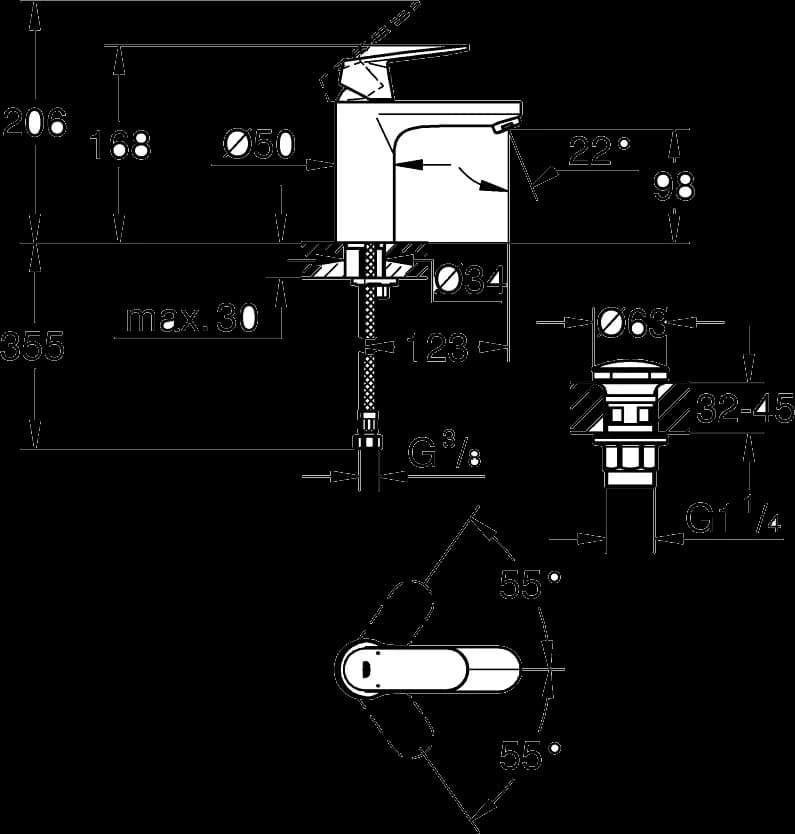 GROHE Eurosmart Cosmopolitan Baterie lavoar monocomandă 1/2" Mărimea M - desen tehnic cu cote