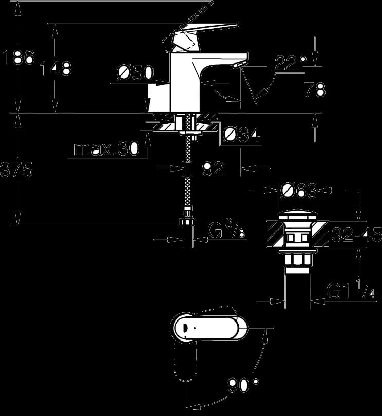 GROHE Eurosmart Cosmopolitan Baterie lavoar monocomandă 1/2" - desen tehnic cu cote