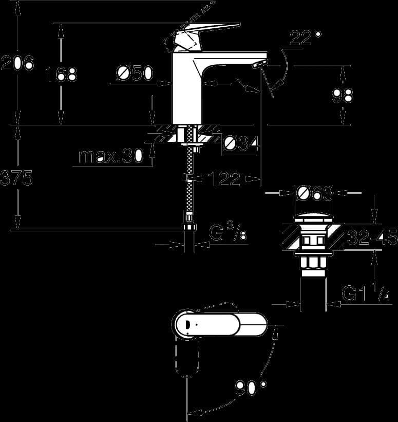 GROHE Eurosmart Cosmopolitan Baterie lavoar monocomandă 1/2" Mărimea M - desen tehnic cu cote
