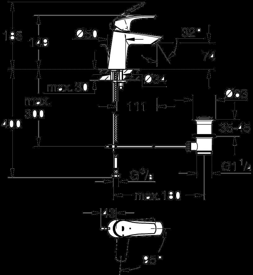 GROHE Eurosmart Baterie lavoar monocomandă 1/2" - desen tehnic cu cote