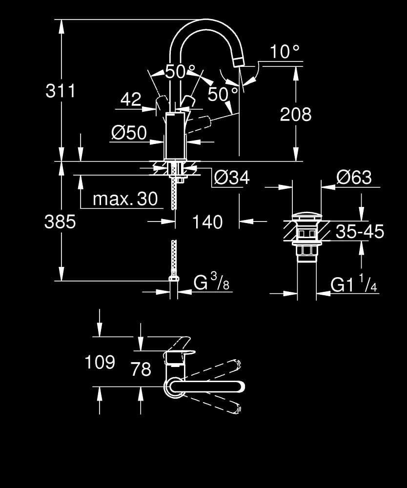 GROHE Eurosmart Baterie lavoar monocomandă 1/2" Mărimea L - desen tehnic cu cote