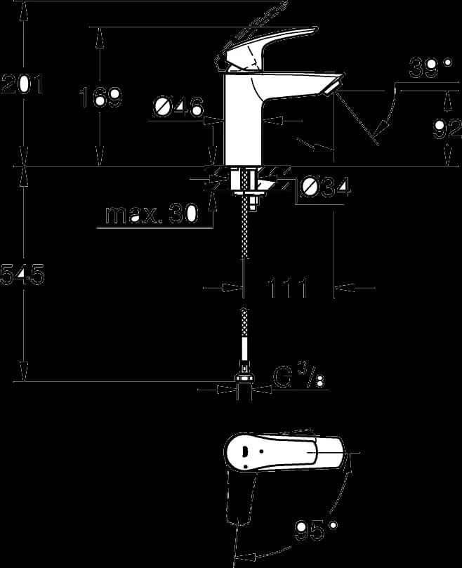 GROHE Eurosmart Baterie lavoar monocomandă 1/2" - desen tehnic cu cote