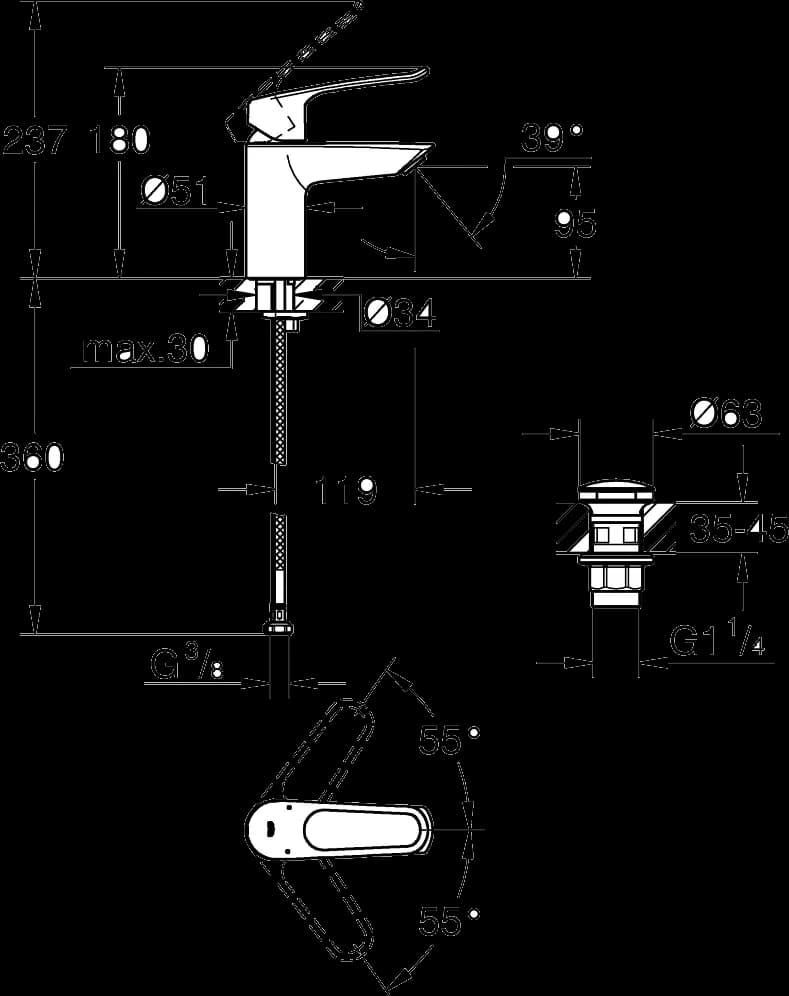 GROHE Eurosmart Baterie lavoar monocomandă 1/2" - desen tehnic cu cote