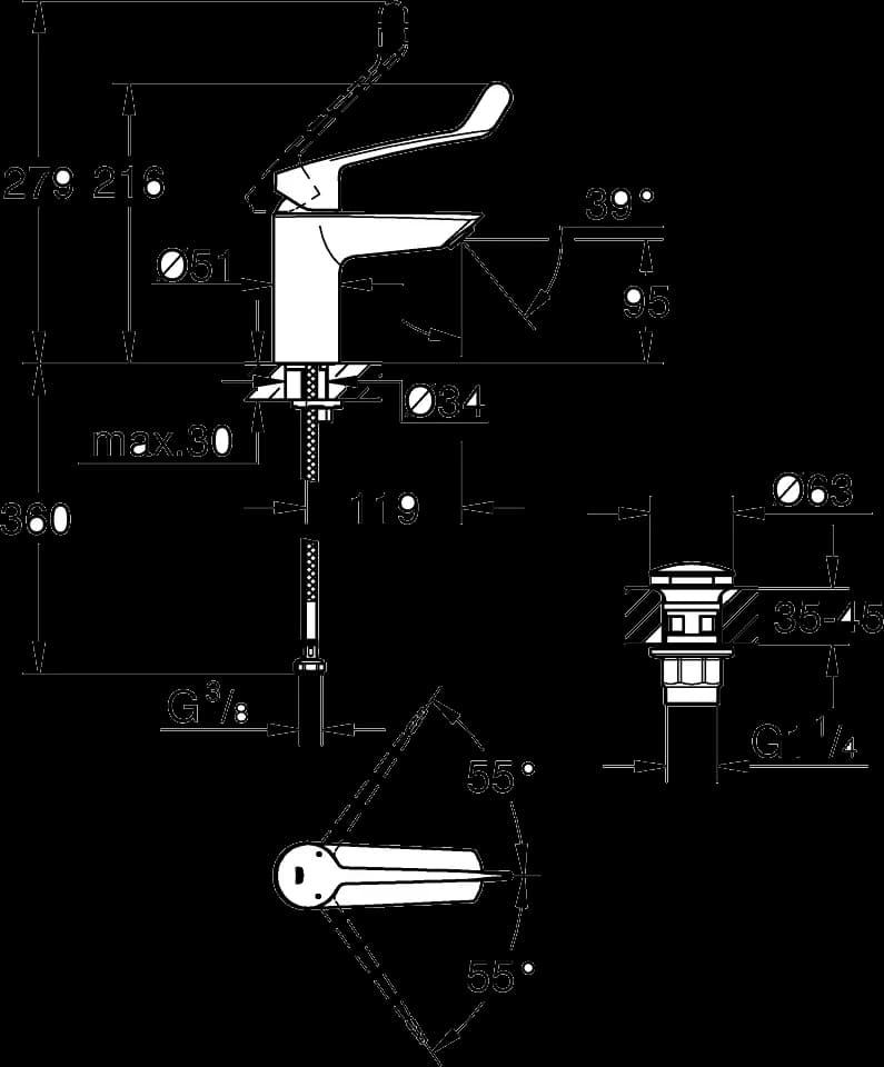 GROHE Eurosmart Baterie lavoar monocomandă 1/2" - desen tehnic cu cote