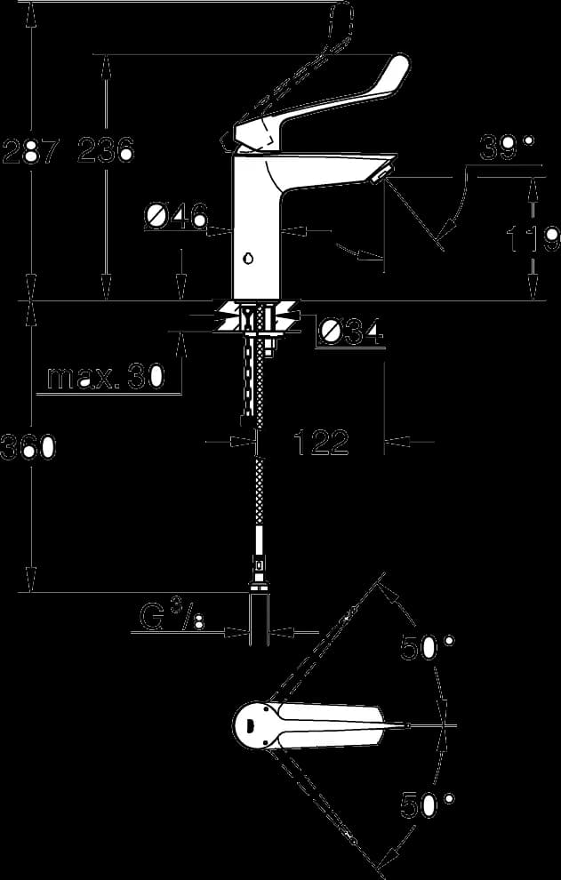 GROHE Eurosmart Baterie lavoar monocomandă 1/2" Mărimea M - desen tehnic cu cote