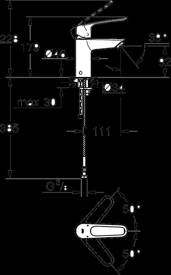 GROHE Eurosmart Baterie lavoar monocomandă 1/2" - desen tehnic cu cote