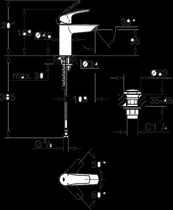 GROHE Eurosmart Baterie lavoar monocomandă 1/2" - desen tehnic cu cote