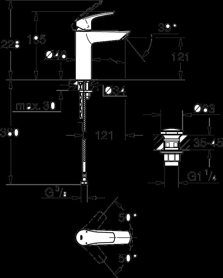 GROHE Eurosmart Baterie lavoar monocomandă 1/2" Mărimea M - desen tehnic cu cote