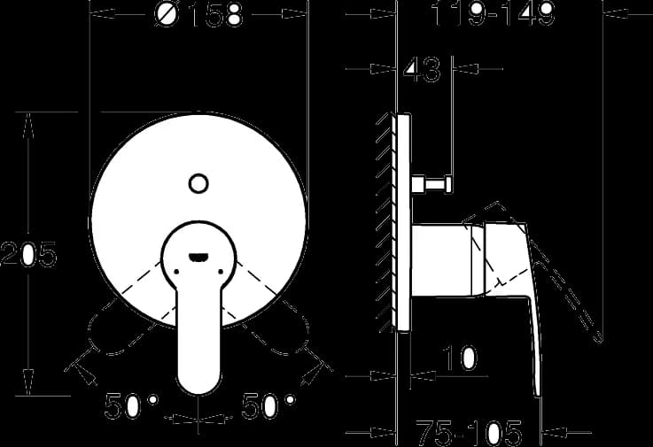 GROHE Eurostyle Cosmopolitan Baterie monocomandă cu divertor cu două căi - desen tehnic cu cote