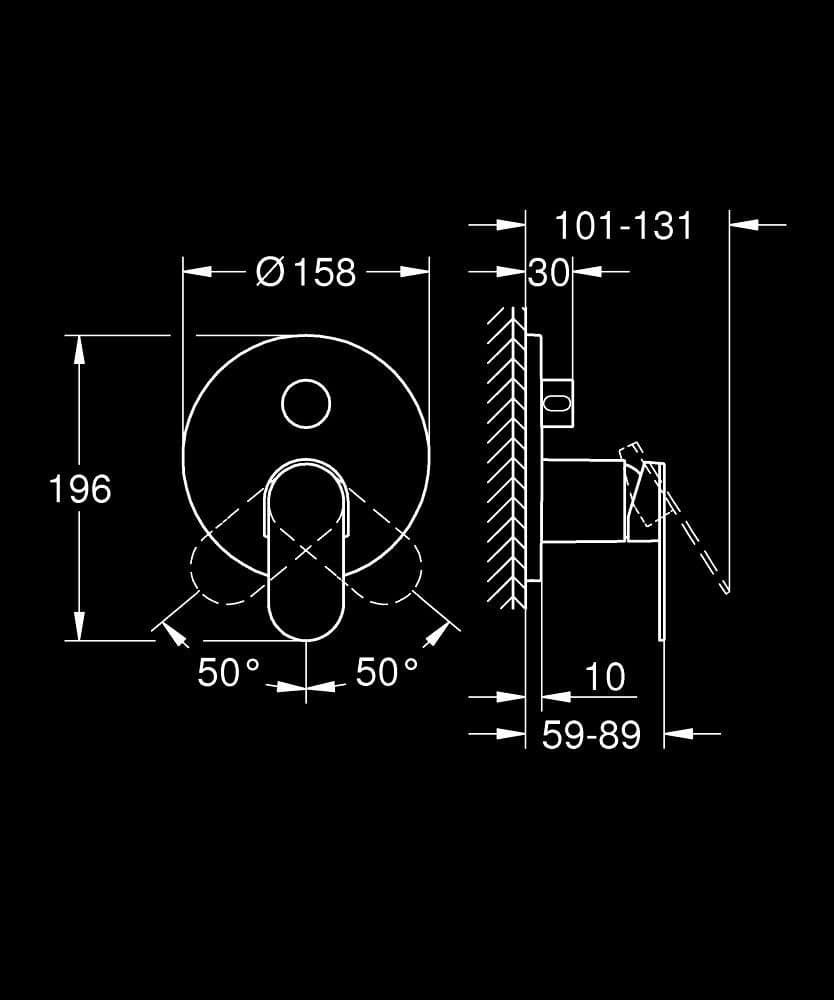 GROHE Plus Baterie monocomandă cu comutator cu 3 căi - desen tehnic cu cote